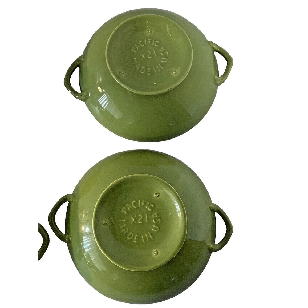 Vintage MCM Avocado Green Handled Soup Bowls Set 4 Pacific Pottery USA